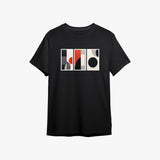 Men's black organic cotton T-shirt with a geometric printed crew neck.