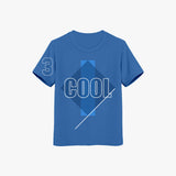 A blue organic cotton graphic t-shirt for kids with the word 'COOL' printed