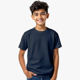Young boy wearing a Supima  Cotton navy blue Plain  t-shirt