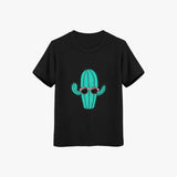Black t-shirt with a cactus design wearing sunglasses on a white background