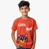Child wearing a Orange Cotton t-shirt with a cat graphic and 'Cool Boy' text on a white background