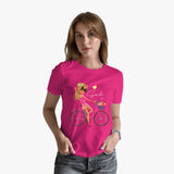 Woman wearing a cotton pink t-shirt with a graphic design