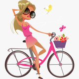 Cartoon woman riding a pink bicycle with a basket of flowers on a white background