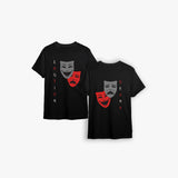 black crew neck t-shirts with front and back prints. One shows a tragedy mask in red with the word 'DRAMA' and the other displays an emotion mask in grey with the word 'EMOTION'.