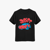 Supima Cotton Black t-shirt with red and blue graphic design on a white background