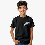 black cotton kids t shirt with stylized “HOPE” motivational print for boys