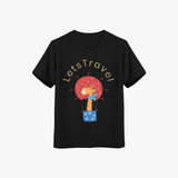 black cotton kids T-shirt for boys with giraffe in hot-air-balloon graphic and “Let’s Travel” tee