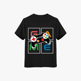 black cotton kids t-shirt for boys with colorful game controller graphic