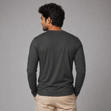 Man wearing grey full sleeve Suvin Gold cotton t-shirt back view showing clean finish and long sleeve premium tee