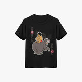 Black supima cotton t-shirt with a graphic of a child riding a bear and text on a white background