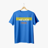 A blue organic cotton half sleeve men's t-shirt with the text 'NEVER MIND' printed across the chest.