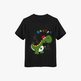 supima cotton Black t-shirt with a green dinosaur graphic and 'ROAR!' text on a white background