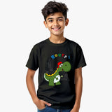 Child wearing a supima cotton  black t-shirt with a dinosaur graphic and 'Roar!' text on a white background