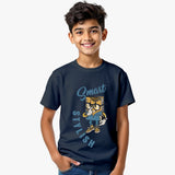 Child wearing a navy blue Supima Cotton t-shirt for kids with a graphic design and text