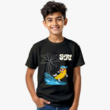 black kids cotton t-shirt with cartoon banana surfing on surfboard graphic