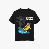 black kids cotton t-shirt with cartoon banana surfing on surfboard graphic tee