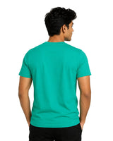 teal green Supima cotton T-shirt showing smooth premium fabric and crew neck stitching.