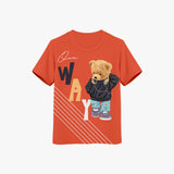 An orange kids' T-shirt with a printed teddy bear and the text 'Our Way' on it.