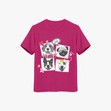 A pink crew neck t-shirt with a graphic print of cute puppies.