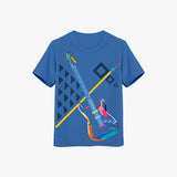 A blue kids T-shirt with a graphic print of a colorful guitar and geometric shapes.
