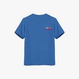 A blue graphic t-shirt for kids with a printed American flag on the front.