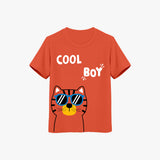A short-sleeved orange crew neck t-shirt with the text 'COOL BOY' and a graphic of a cartoon cat with sunglasses printed on the front.
