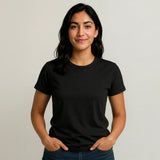 Woman wearing a black Suvin gold cotton Light weight t-shirt 160GSM