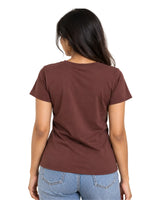Close-up of Brown Suvin Gold cotton T-shirt MODEL WEARING showing soft luxury cotton texture