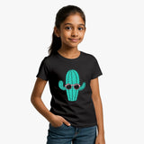 Young girl wearing a Supima cotton black t-shirt with a teal cactus design and sunglasses