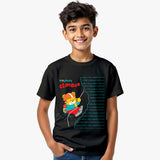 Child wearing a black cotton  t-shirt with a colorful graphic design on a white background