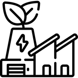 Icon of a factory with a leaf on top, symbolizing green energy or sustainability.