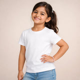 Young girl wearing a suvin gold cotton white t-shirt