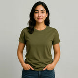 Woman wearing an olive green Suvin Gold Cotton t-shirt