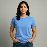 Woman wearing a blue Suvin Gold Cotton t-shirt