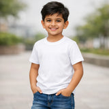 Child wearing a white suvin gold cotton t-shirt