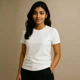 Woman wearing a Suvin gold cotton white t-shirt