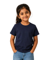 Girl model wearing a navy blue Suvin Gold cotton T-shirt