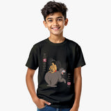 Child wearing a black supima cotton t-shirt with a graphic design of Mowgli and Baloo from 'The Jungle Book'.
