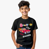 Child wearing a supima cotton black t-shirt with a colorful car graphic and text on sport car and speed racing