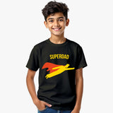Child wearing a black supima cotton t-shirt with 'SUPERDAD' graphic design on a fathery day special t shirt