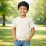 Young boy wearing suvin gold cotton off white t-shirt