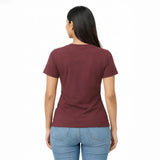 women wearing a maroon suvin gold cotton t-shirt