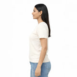 Woman wearing a off white suvin gold cotton t-shirt for women,