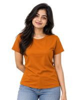 Woman wearing Rustic Bronze Suvin Gold cotton T-shirt with a refined premium style