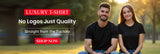 men and women wearing black t-shirts with promotional text about luxury t-shirts and quality.