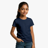 Young girl wearing a plain  navy blue Supima Cotton t-shirt 