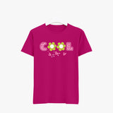 Pink t-shirt with 'COOL' text and floral design on a white background