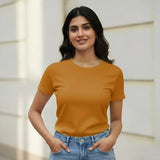 Woman wearing a mustard yellow Supima Cotton  t-shirt 