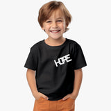 black cotton kids t shirt with stylized “HOPE” motivational print for boys