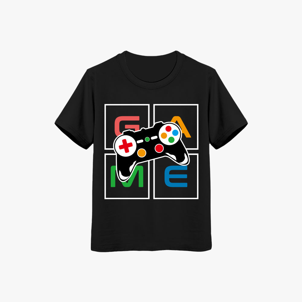 black cotton kids t-shirt for boys with colorful game controller graphic